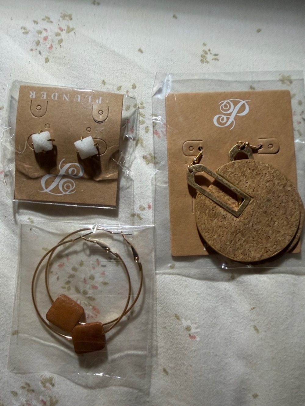 Plunder Gold-Tone Earrings with Cork Discs, Tan Wood Hoops & White Stone Studs